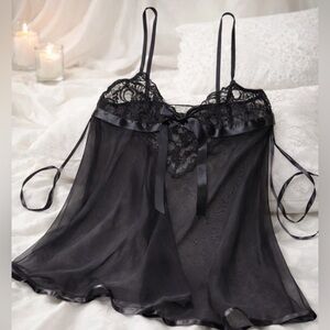 Black Sheer Lace Babydoll Chemise Goth Romantic Lingerie Tie Back Ribbons Size M